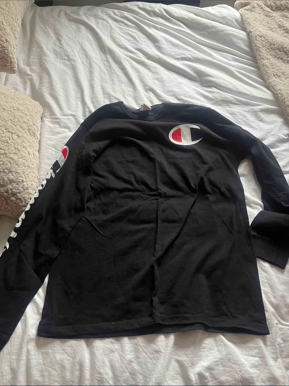 Champion Black Long-Sleeve Crewneck with Red & White Logo